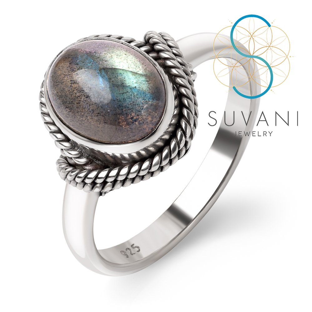 SUVANI เงินแท้ 92.5% แหวนหินลาบลาดอไลต์ (Labradorite) หินมงคล แหวนไซส์ 6-9 เครื่องประดับเงินแท้