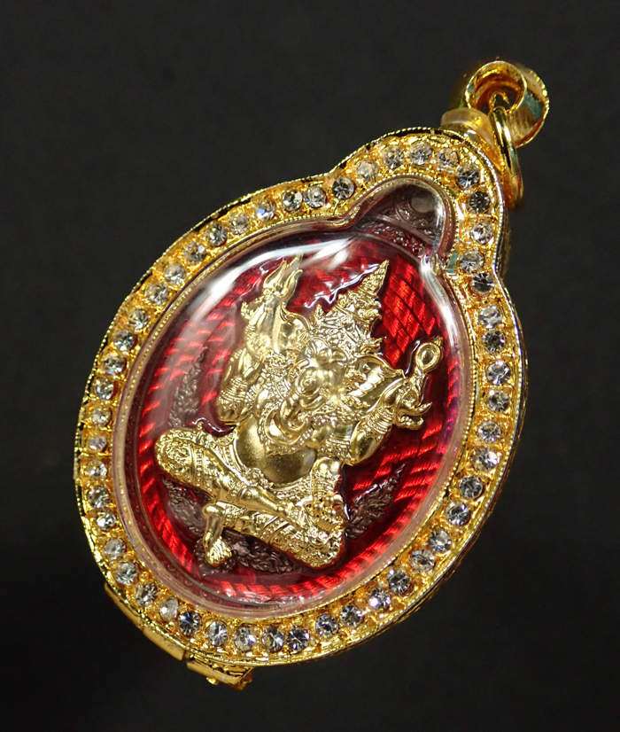 ** องค์จริงสวยมาก..** เหรียญพระพิฆเนศ รุ่นประทานพร หลวงปู่อิ่ม ปัญญาวุโธ วัดทุ่งนาใหม่ นครศรีธรรมราช เนื้อทองแดงมันปู คุ้ยพื้นลงยาแดง หน้ากากชุบทองคำแท้ หลังหนูมุสิกะชุบทองคำแท้ หมายเลข 21 ใส่ตลับชุบทองไมครอน.