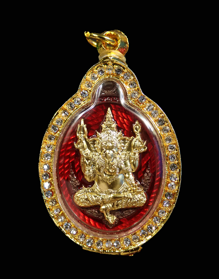 ** องค์จริงสวยมาก..** เหรียญพระพิฆเนศ รุ่นประทานพร หลวงปู่อิ่ม ปัญญาวุโธ วัดทุ่งนาใหม่ นครศรีธรรมราช เนื้อทองแดงมันปู คุ้ยพื้นลงยาแดง หน้ากากชุบทองคำแท้ หลังหนูมุสิกะชุบทองคำแท้ หมายเลข 21 ใส่ตลับชุบทองไมครอน.