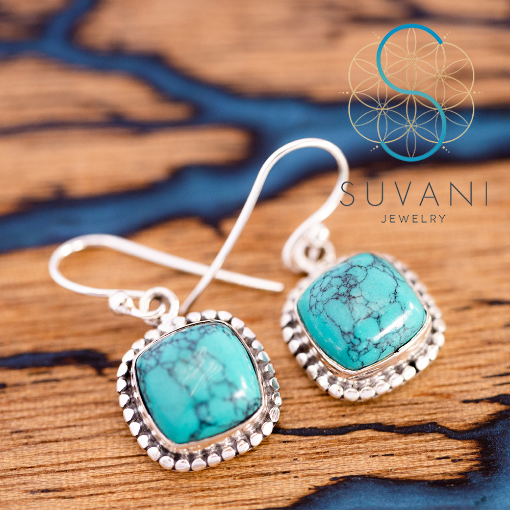 SUVANI เงินแท้ 92.5% ต่างหูหินเทอร์ควอยส์ (Turquoise) หินสีฟ้า หินเสริมพลังอำนาจ ต่างหูห้อย ต่างหูเงินแท้ เครื่องประดับ