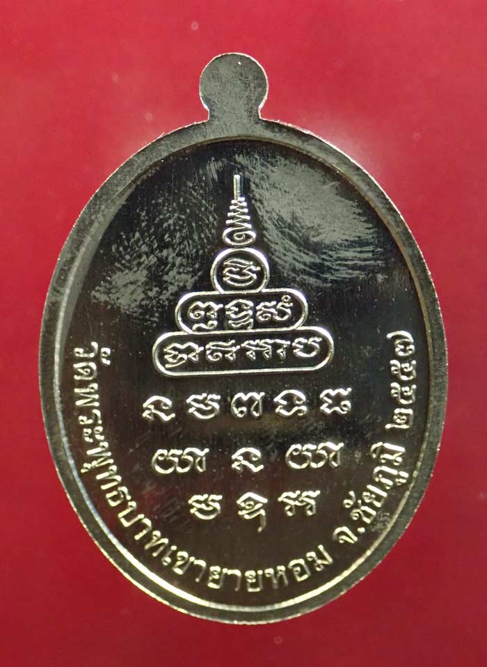 เหรียญหลวงพ่อทอง (วัดบ้านไร่ นครราชสีมา) วัดพระพุทธบาทเขายายหอม จ.ชัยภูมิ (ยุคต้นบนเขา) รุ่นเมตตา ที่ระลึกกฐินสามัคคีปี 2557 เนื้ออัลปาก้า หมายเลข 856