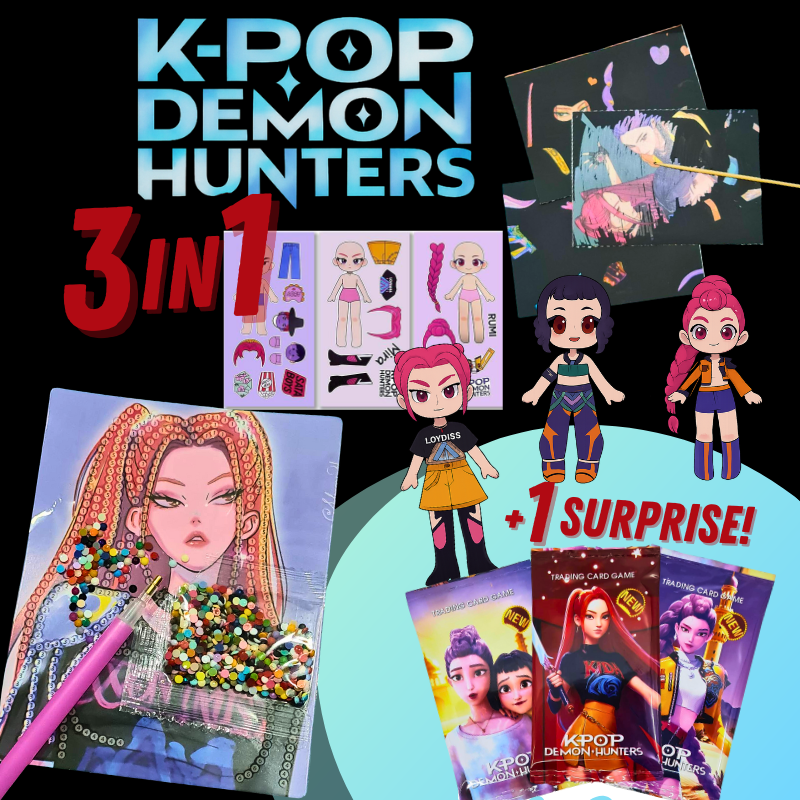 K-POP DEMON HUNTERS เซตของเล่น 3 in 1 พร้อมการ์ดลับ 1 Surprise | ติดเพชร ขูดภาพ แต่งตัวสติ๊กเกอร์
