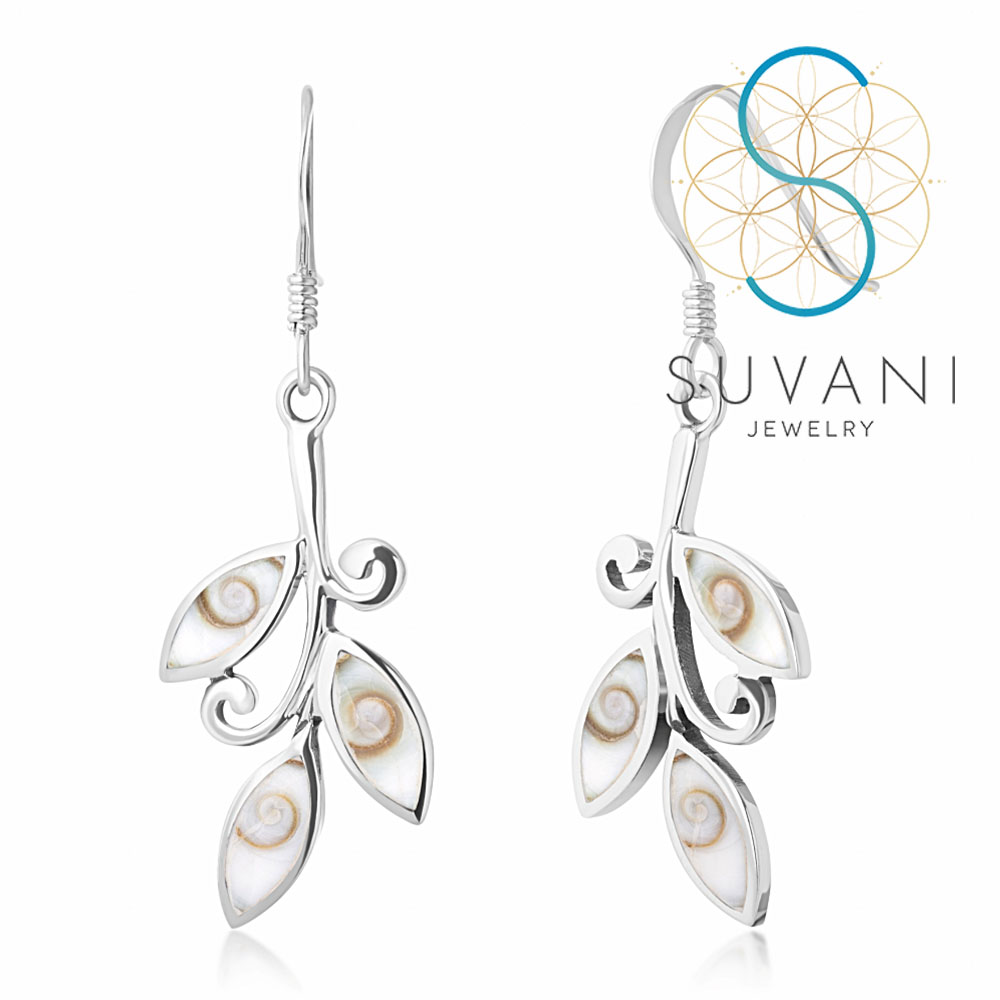 SUVANI เงินแท้ 92.5% ต่างหูรูปใบไม้ ต่างหูเปลือกหอยตาพระศิวะ (Shiva Eye Shell) ต่างหูห้อย เครื่องประดับเงินแท้