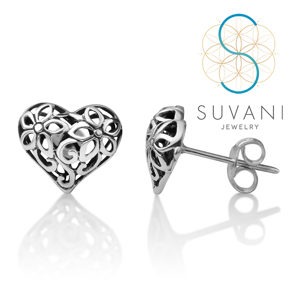 SUVANI เงินแท้ 92.5% ต่างหูหัวใจ ลายดอกไม้ ต่างหูปักก้าน เครื่องประดับเงินแท้