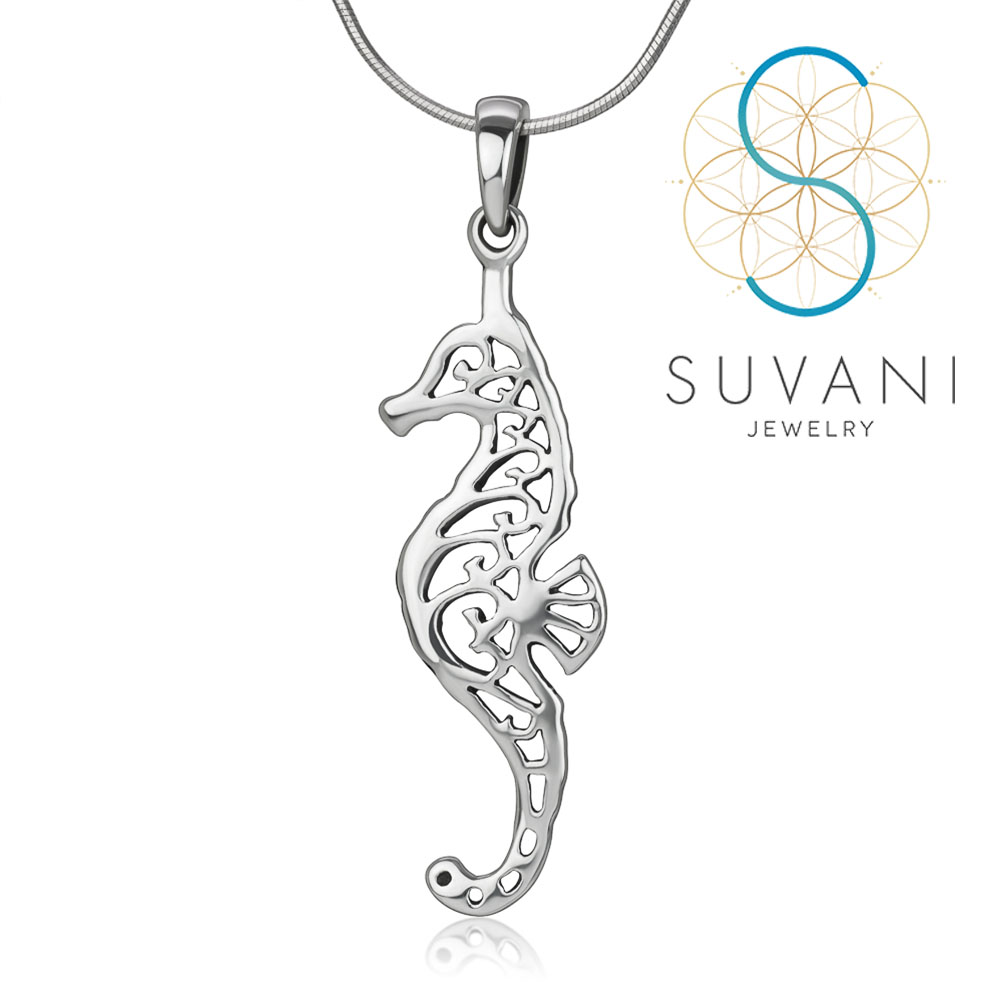 SUVANI เงินแท้ 92.5% จี้ม้าน้ำ ลายฉลุ จี้พร้อมสร้อยคอ เครื่องประดับเงินแท้