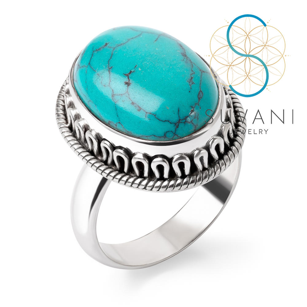 SUVANI เงินแท้ 92.5% แหวนหินเทอร์ควอยซ์ (Turquoise stone) แหวนไซส์ 6-9 เครื่องประดับเงินแท้