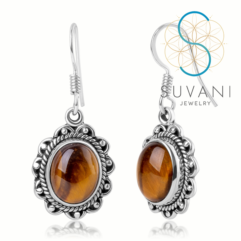 SUVANI เงินแท้ 92.5% ต่างหูไทเกอร์อาย (Tigers Eye) หินสีน้ำตาล ทรงวงรี แนววินเทจ ต่างหูห้อย เครื่องประดับเงินแท้
