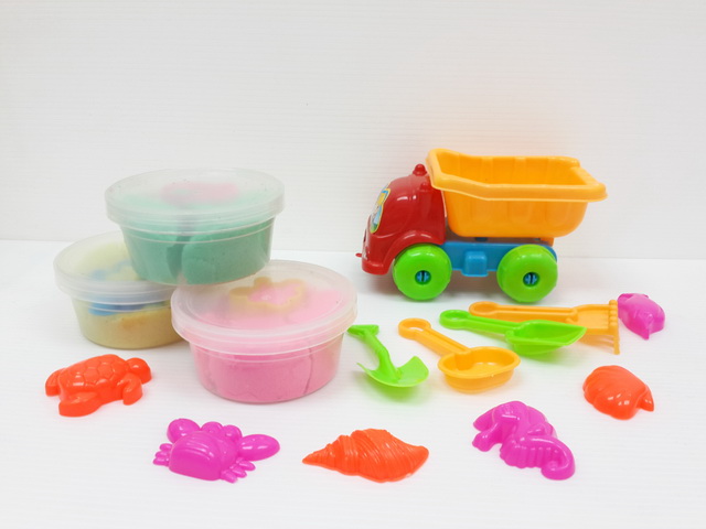 PW028 ทรายนิ่ม Soft Sand Play Sand ทราย120 กรัม 3 กระปุก ชุดรถบรรทุกพร้อมอุปกรณ์