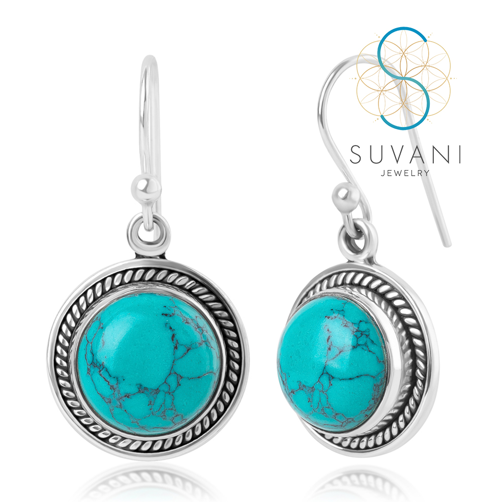 SUVANI เงินแท้ 92.5% ต่างหูหินเทอร์ควอยส์ (turquoise) หินสีฟ้า หินเสริมพลังอำนาจ ต่างหูห้อย ต่างหูเงินแท้ เครื่องประดับ