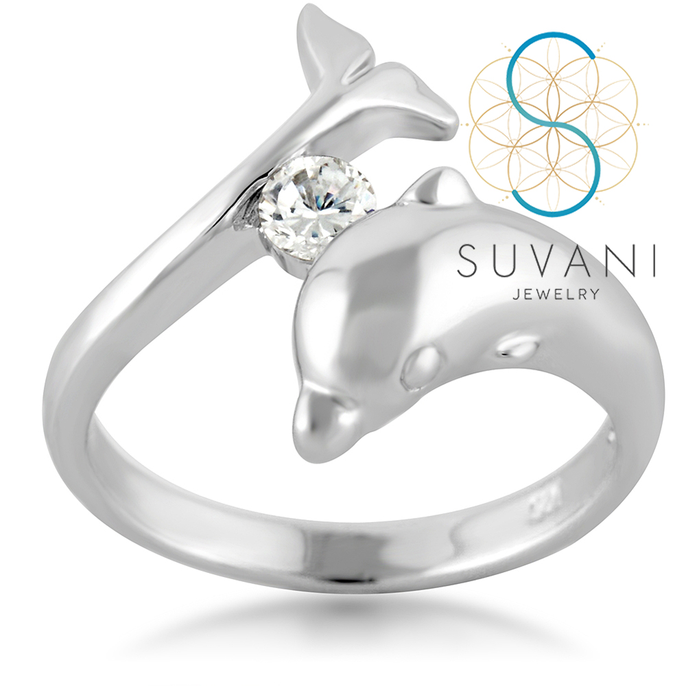 SUVANI แหวนเงินแท้ 92.5 % แหวนโลมา สุดน่ารัก ฝังด้วยเพชรรัสเซียสีขาว แหวนไซส์ 6-9 เครื่องประดับเงินแท้