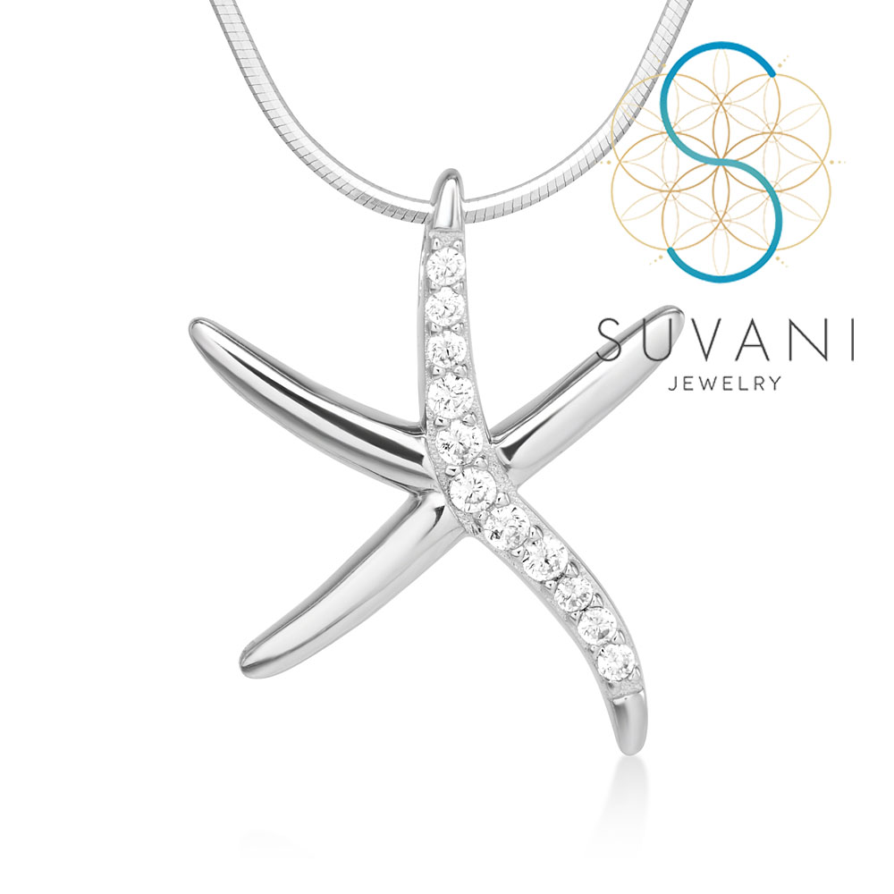 SUVANI เงินแท้ 92.5% จี้ปลาดาว ประดับด้วยเพชรรัสเซียสีขาว จี้พร้อมสร้อยคอ เครื่องประดับเงินแท้