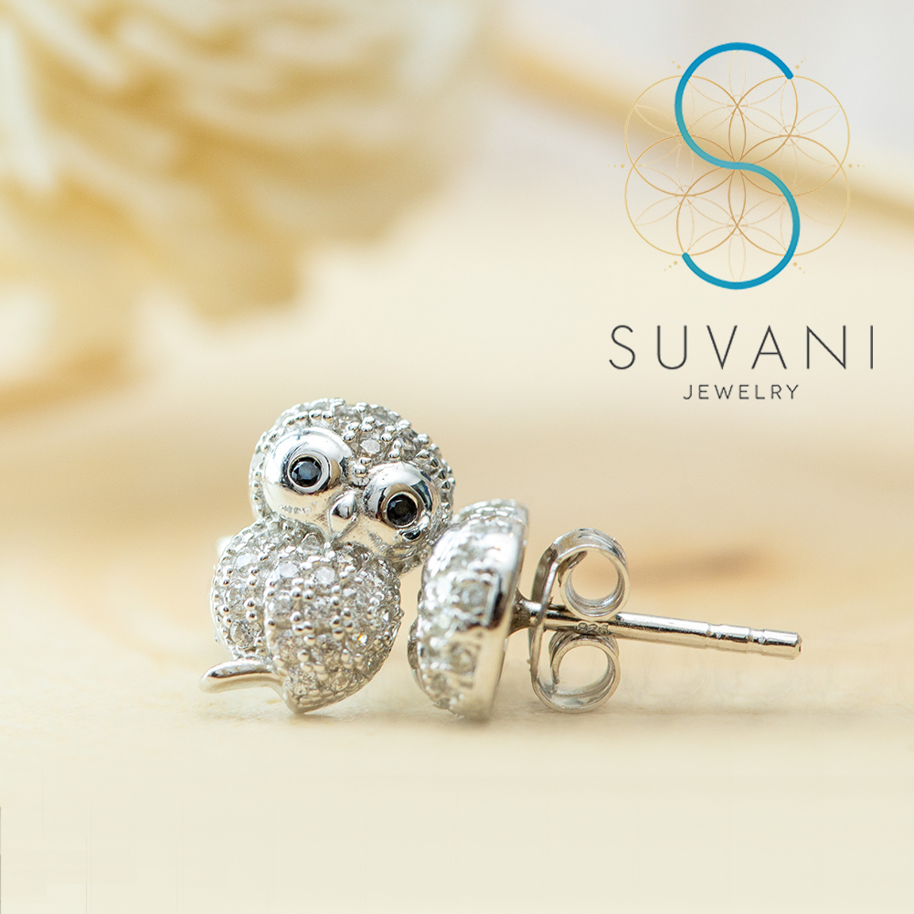 SUVANI ต่างหูเงินแท้ 92.5% ต่างหูนกฮูก ประดับด้วยเพชรรัสเซีย ต่างหูปักก้าน เครื่องประดับเงินแท้