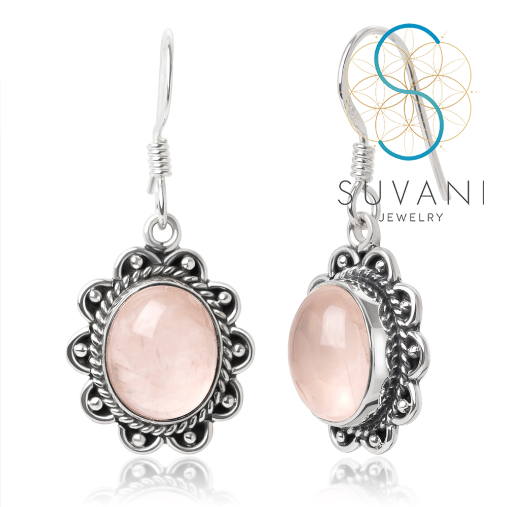 SUVANI เงินแท้ 92.5% ต่างหูหินโรสควอตซ์ (Rose Quartz) หินแห่งความรัก หินสีชมพู ต่างหูห้อย เครื่องประดับเงินแท้