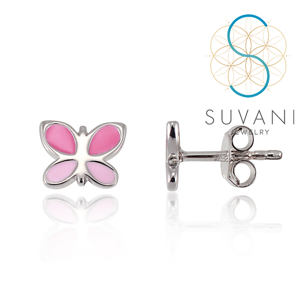 SUVANI เงินแท้ 92.5% ต่างหูผีเสื้อ สีชมพู ขนาดเล็กน่ารัก ต่างหูปักก้าน เครื่องประดับเงินแท้