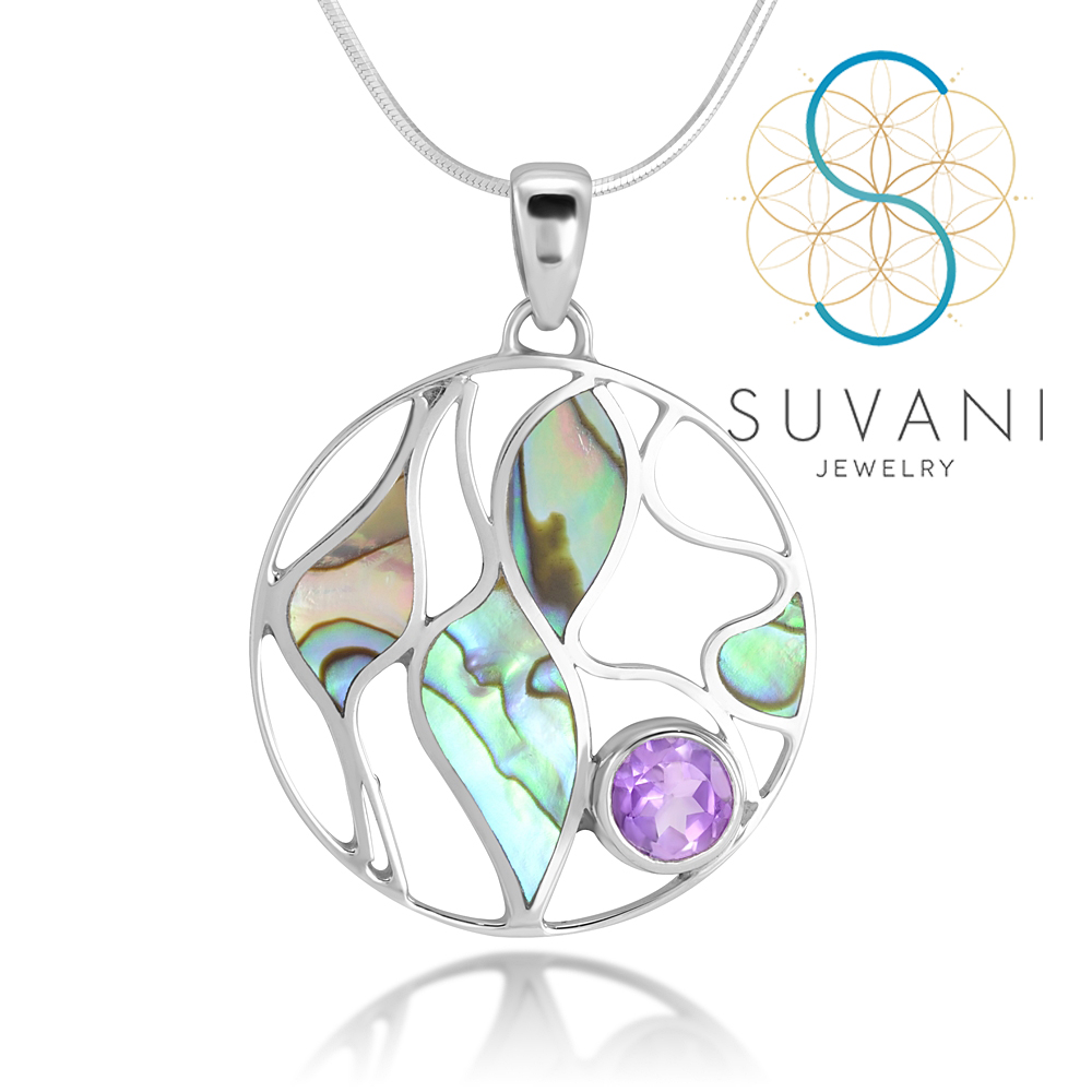 SUVANI เงินแท้ 92.5% จี้เปลือกหอยเป๋าฮื้อแท้จากบาหลี ประดับด้วยหินอเมทิสต์ จี้พร้อมสร้อยคอ เครื่องประดับเงินแท้