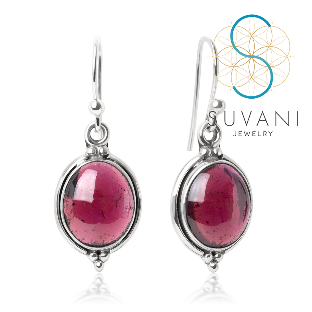 SUVANI เงินแท้ 92.5% ต่างหูหินโกเมนสีแดง (Red Garnet) ต่างหูห้อย เครื่องประดับเงินแท้