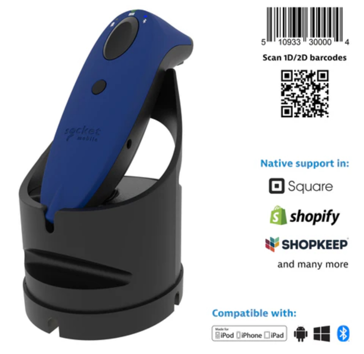 Socket Mobile Socket Scan S720 2D Bluetooth Barcode Scanner (Blue) & Charging Dock