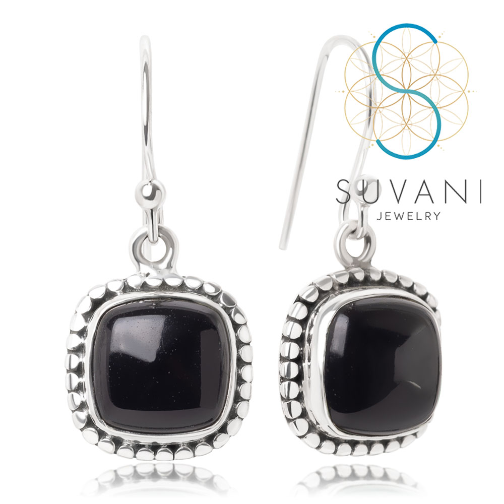SUVANI เงินแท้ 92.5% ต่างหูหินโอนิกซ์ (Onyx) หินสีดำ ต่างหูห้อย เครื่องประดับเงินแท้