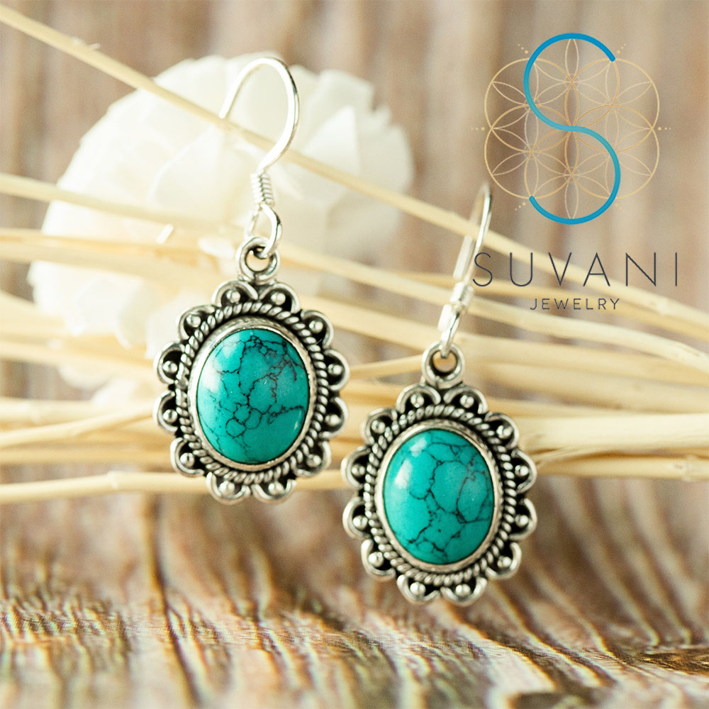 SUVANI เงินแท้ 92.5% ต่างหูหินเทอร์ควอยส์ (turquoise) หินสีฟ้า หินเสริมพลังอำนาจ ต่างหูห้อย เครื่องประดับเงินแท้