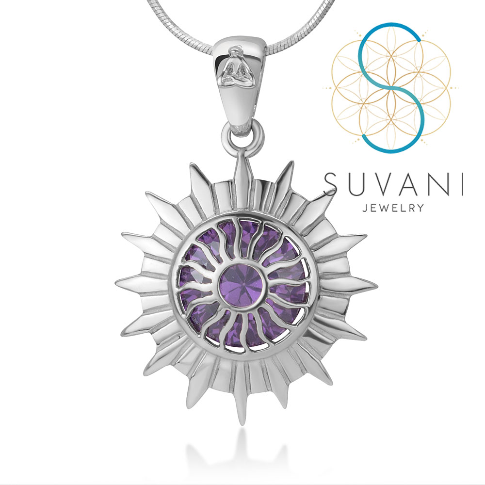 SUVANI เงินแท้ 92.5% จี้จักระ แห่งโยคะ ฝังด้วยเพชรรัสเซียสีม่วง จี้พร้อมสร้อยคอ เครื่องประดับเงินแท้