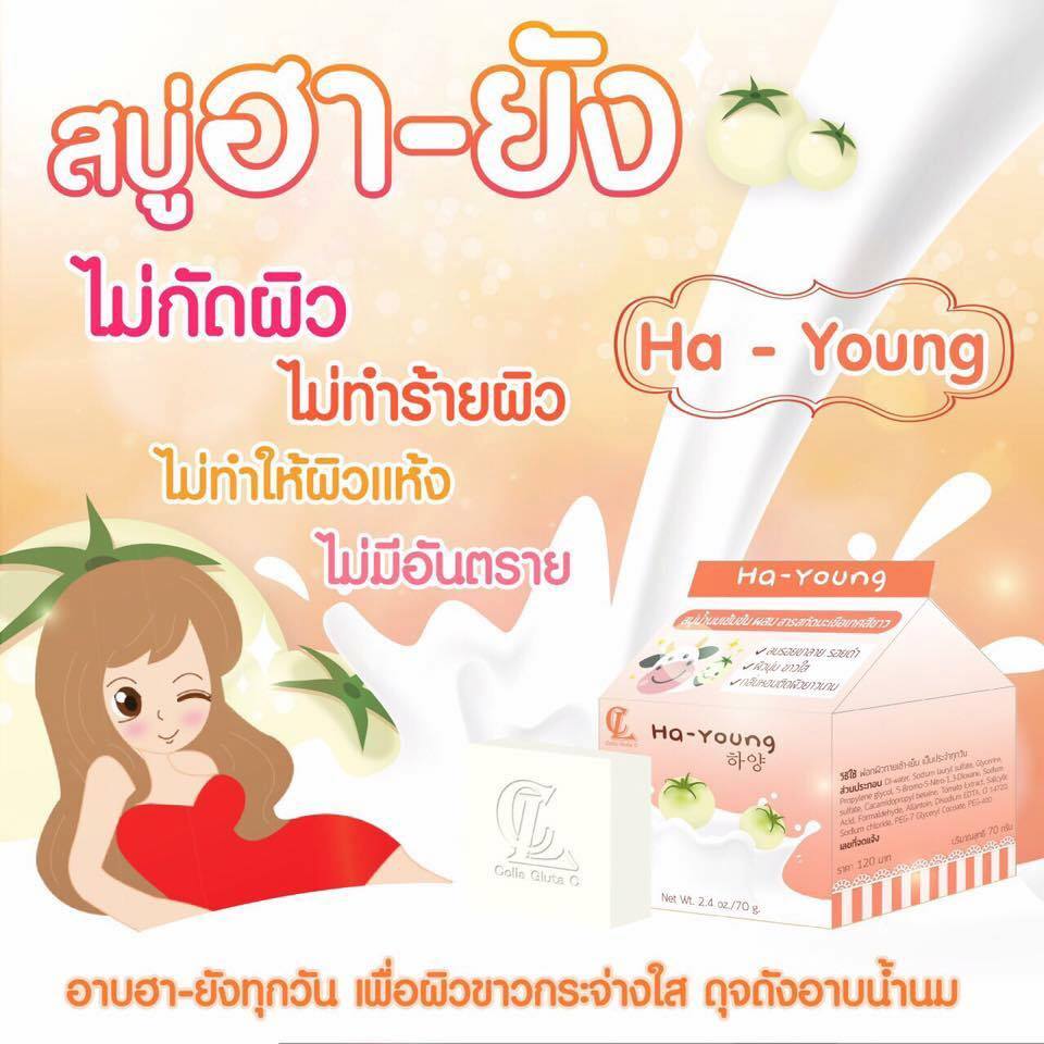Ha-young Soap 70 g. สบู่ฮายัง สบู่มะเขือเทศสีขาว ผสมนมสด ผิวขาวกระจ่างใส ดุจดั่งอาบน้ำนม