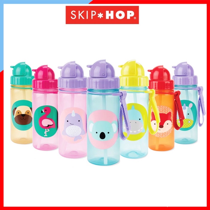 [รุ่นใหม่ 13 oz.] Skip Hop Zoo Straw Bottle กระติกน้ำพร้อมหลอดดูด มีสายคล้องด้านข้าง ง่ายต่อการหยิบจับ