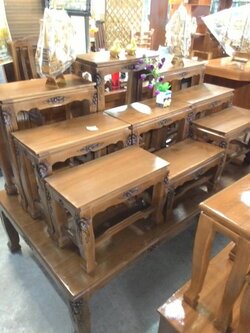 โต๊ะหมู่ 7 หน้า 7 ไม้สัก ขาสิงห์ แกะลาย