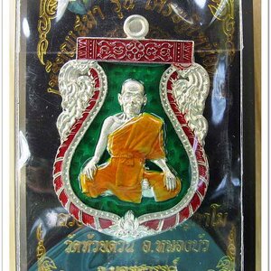 หลวงพ่อพัฒน์ ปุญญกาโม เหรียญเสมา รุ่นเศรษฐีเหนือดวง เนื้ออัลปาก้า ลงยาเขียว ขอบแดง จีวรเหลือง